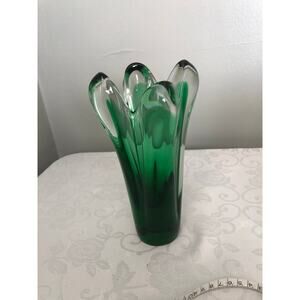 Vtg Bohemian Czech Art Glass S Krdlovice Green/ clear Vase